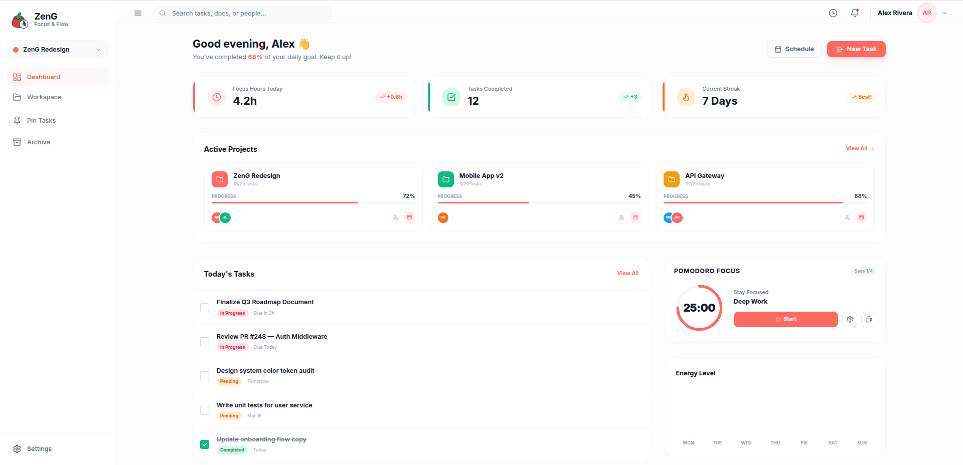 ZenG Dashboard — Focus hours, active projects, today's tasks, and Pomodoro timer