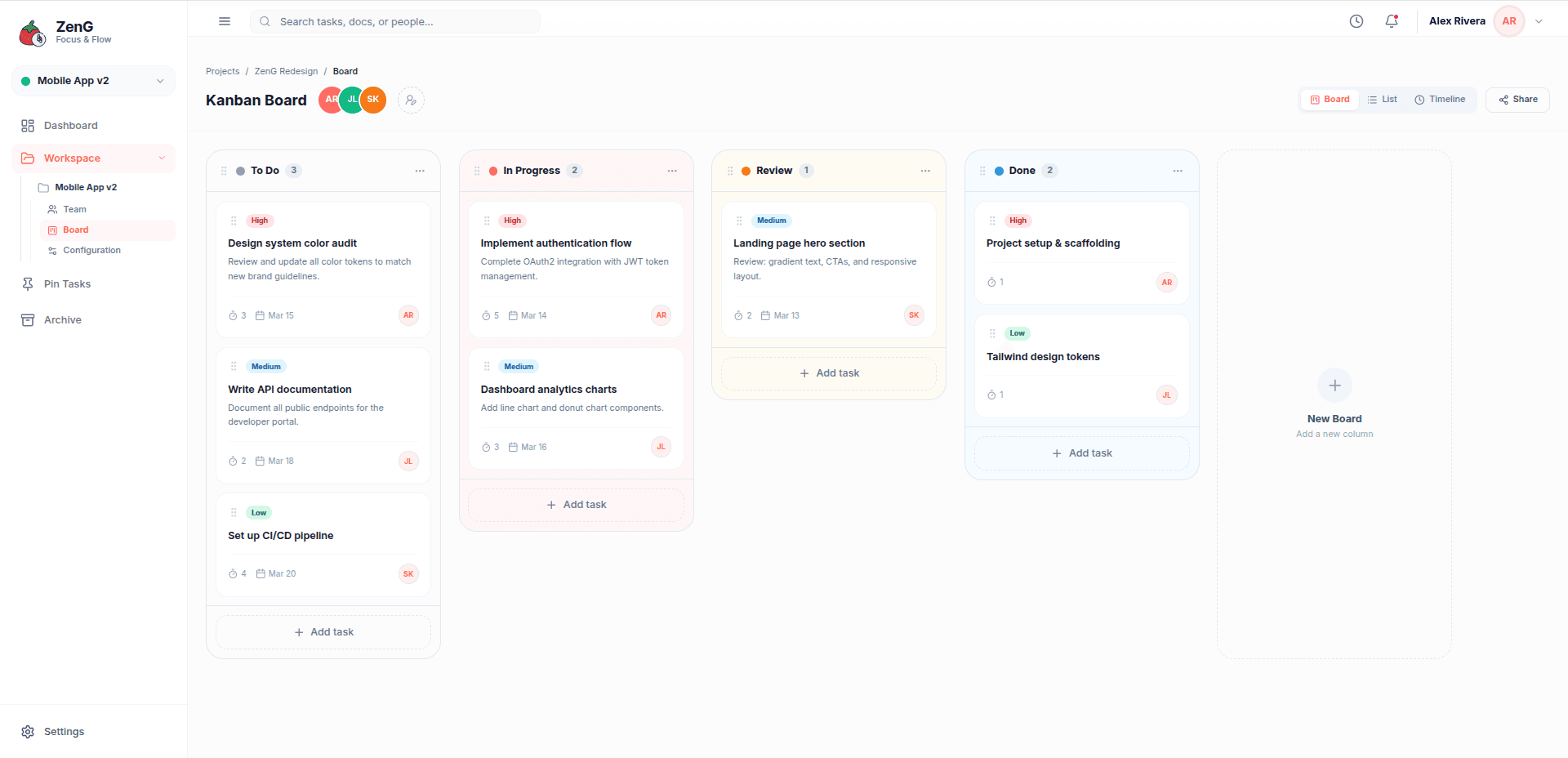ZenG Kanban Board — Drag-and-drop task management with To Do, In Progress, Review, and Done columns